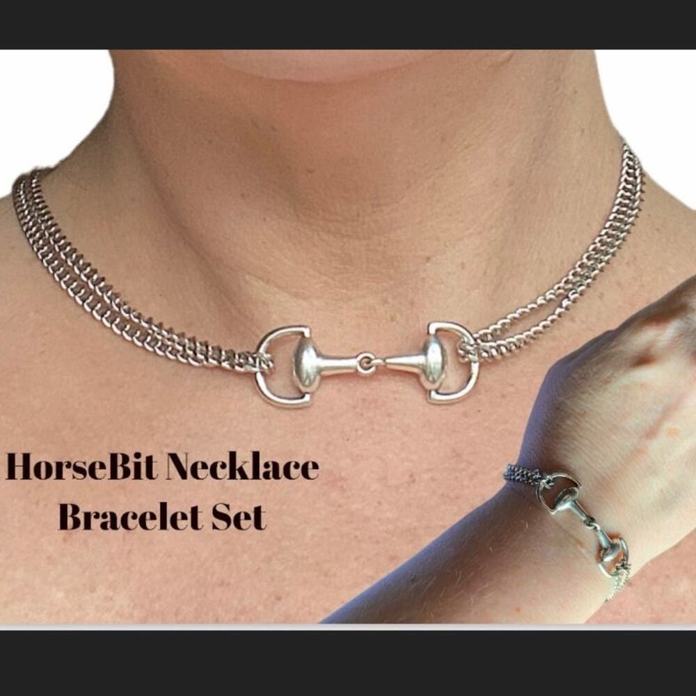 Sterling Silver HorseBit Necklace Bracelet Set Matching Snaffle Stirrup D Ring
